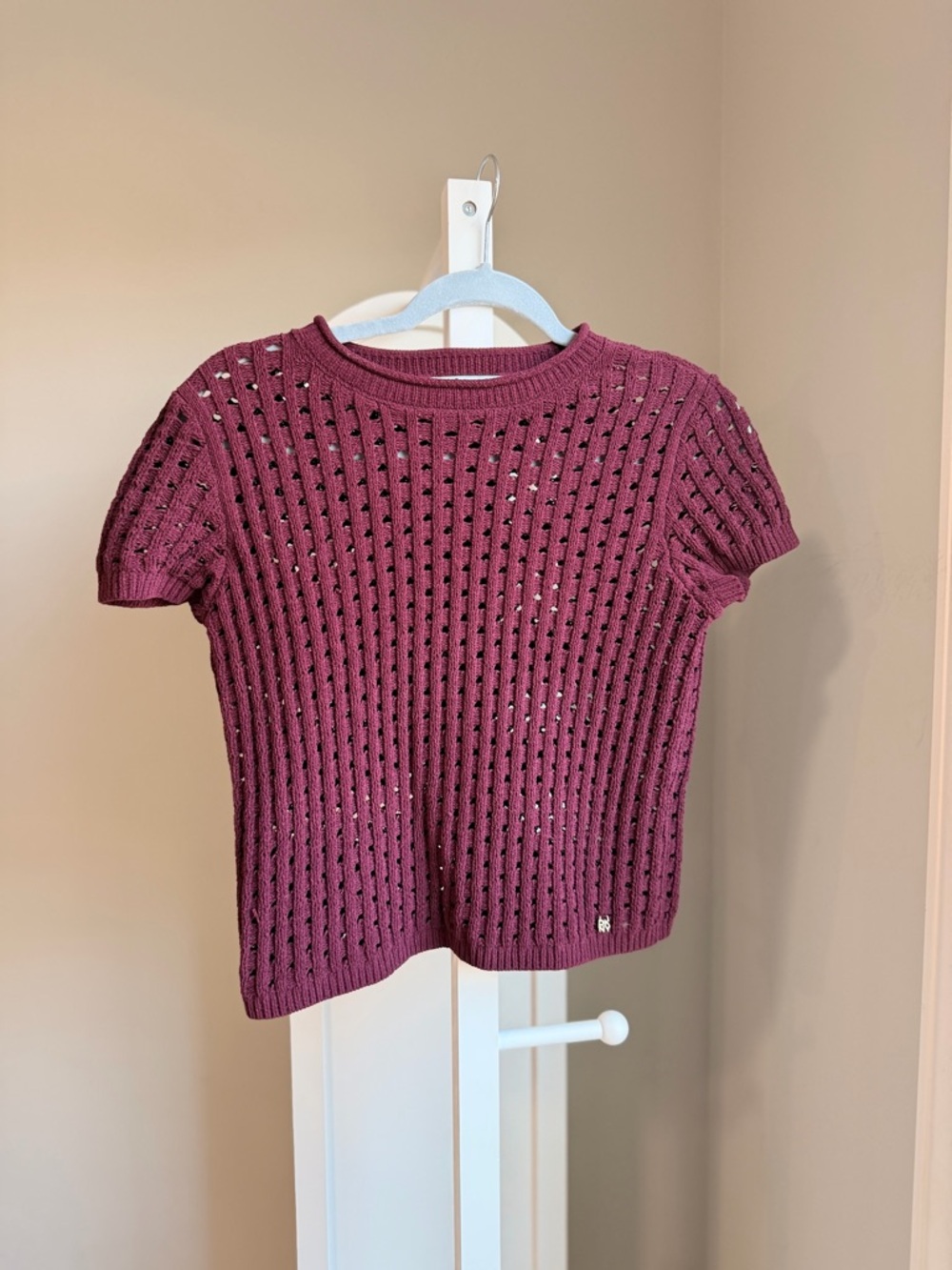 DKNY Jeans Open-Stitch Short Sleeve Sweater in Deep Plum
